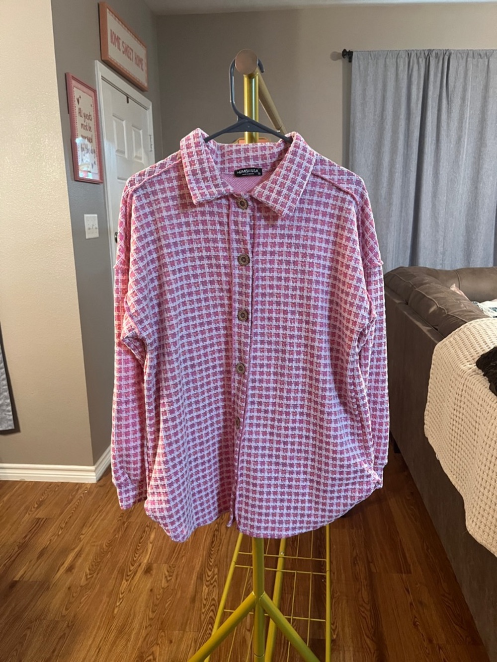 HEIMISH USA Pink Houndstooth Button-Down Shirt Jacket